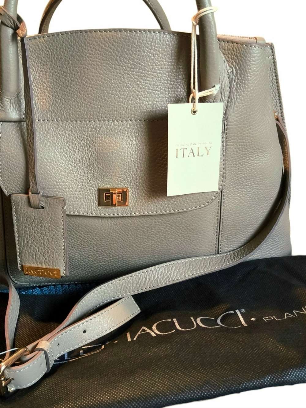 Iacucci Taupe Italian Leather Structure Satchel Tote with Strap and Dust Bag NWT - Picture 5 of 12